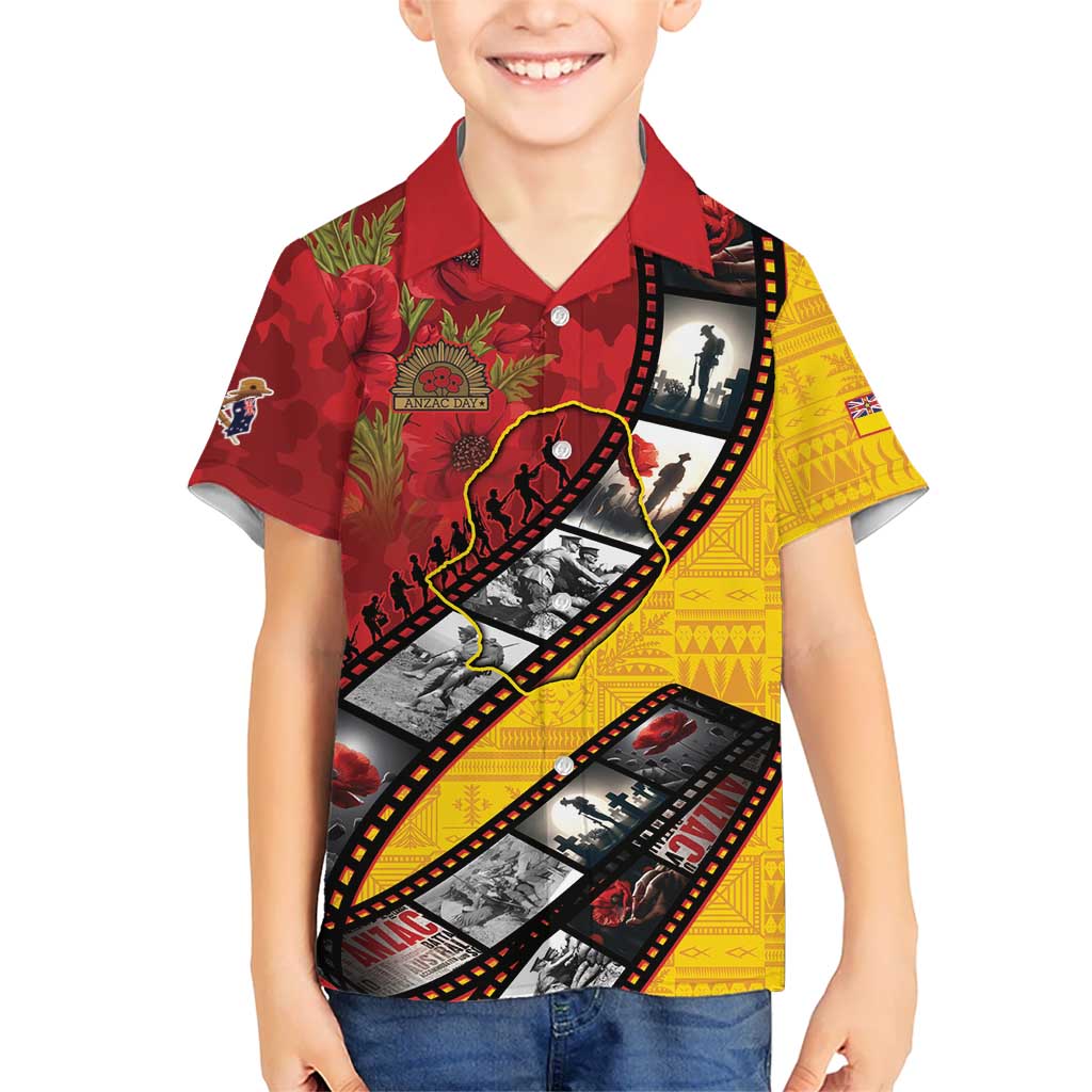 Personalised Niue ANZAC 1915-2026 Filmstrip Family Matching Off Shoulder Short Dress and Hawaiian Shirt Lest We Forget 25 April LT9 Son's Shirt Gold - Polynesian Pride
