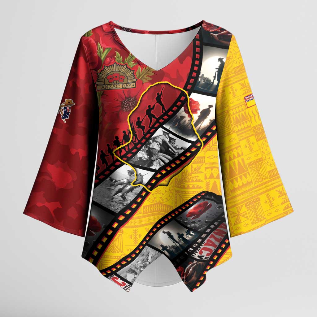 Personalised Niue ANZAC 1915-2026 Filmstrip Kimono Sleeve Blouse Lest We Forget 25 April LT9 Female Gold - Polynesian Pride