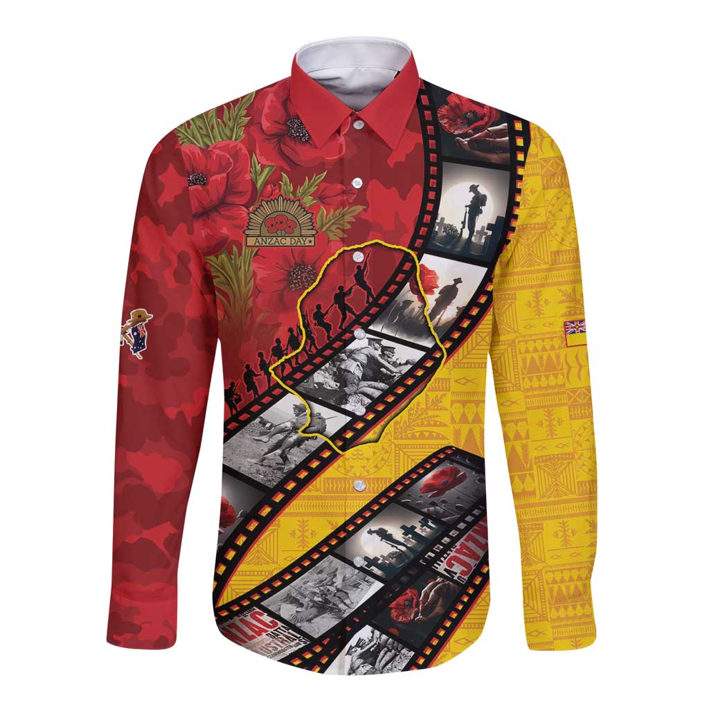 Personalised Niue ANZAC 1915-2026 Filmstrip Long Sleeve Button Shirt Lest We Forget 25 April LT9 Unisex Gold - Polynesian Pride