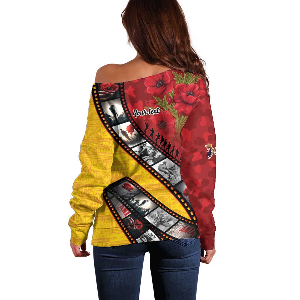 Personalised Niue ANZAC 1915-2026 Filmstrip Off Shoulder Sweater Lest We Forget 25 April LT9 - Polynesian Pride