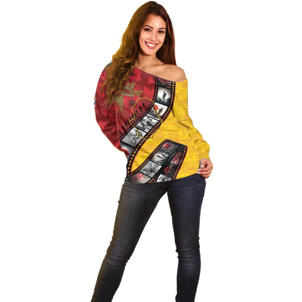 Personalised Niue ANZAC 1915-2026 Filmstrip Off Shoulder Sweater Lest We Forget 25 April LT9 - Polynesian Pride