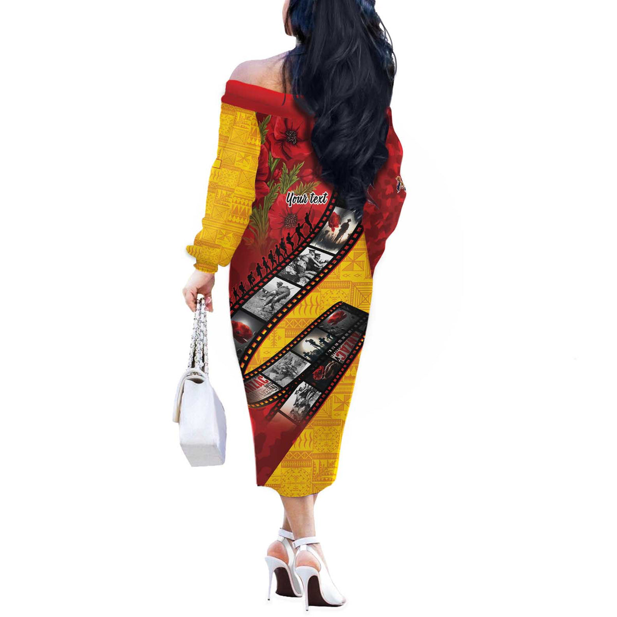 Personalised Niue ANZAC 1915-2026 Filmstrip Off The Shoulder Long Sleeve Dress Lest We Forget 25 April