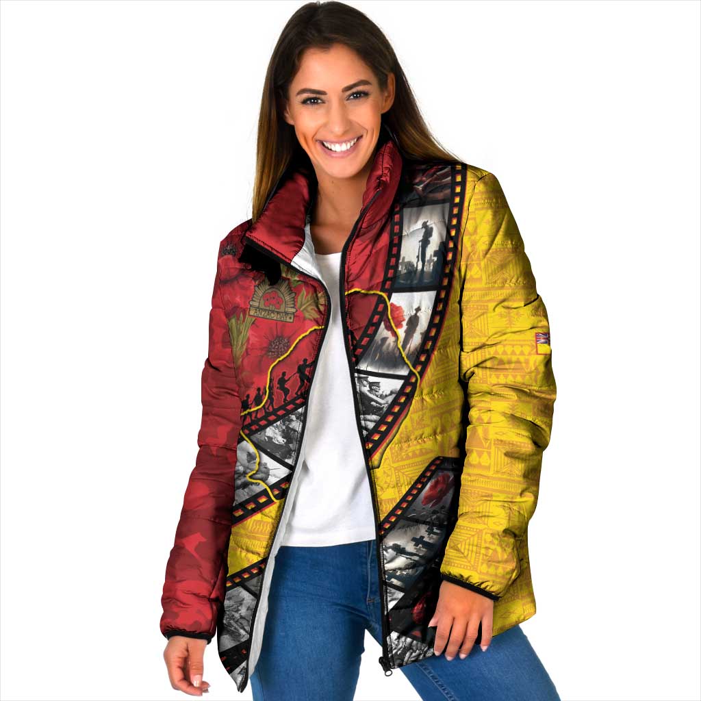 Personalised Niue ANZAC 1915-2026 Filmstrip Padded Jacket Lest We Forget 25 April LT9 Women Gold - Polynesian Pride