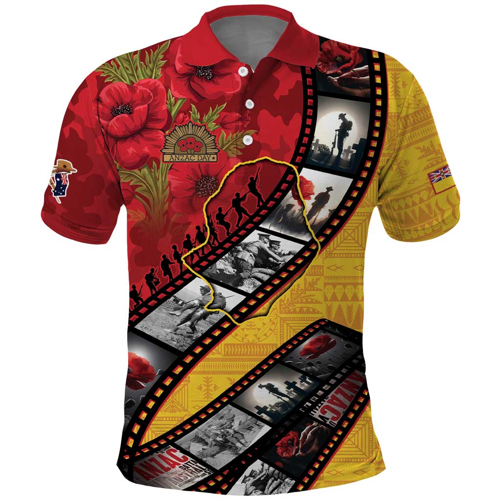 Personalised Niue ANZAC 1915-2026 Filmstrip Polo Shirt Lest We Forget 25 April LT9 Gold - Polynesian Pride