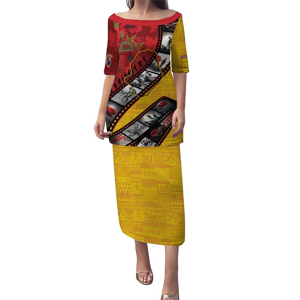 Personalised Niue ANZAC 1915-2026 Filmstrip Puletasi Lest We Forget 25 April LT9 Long Dress Gold - Polynesian Pride