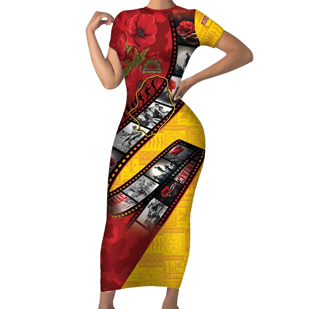 Personalised Niue ANZAC 1915-2026 Filmstrip Short Sleeve Bodycon Dress Lest We Forget 25 April LT9 Long Dress Gold - Polynesian Pride
