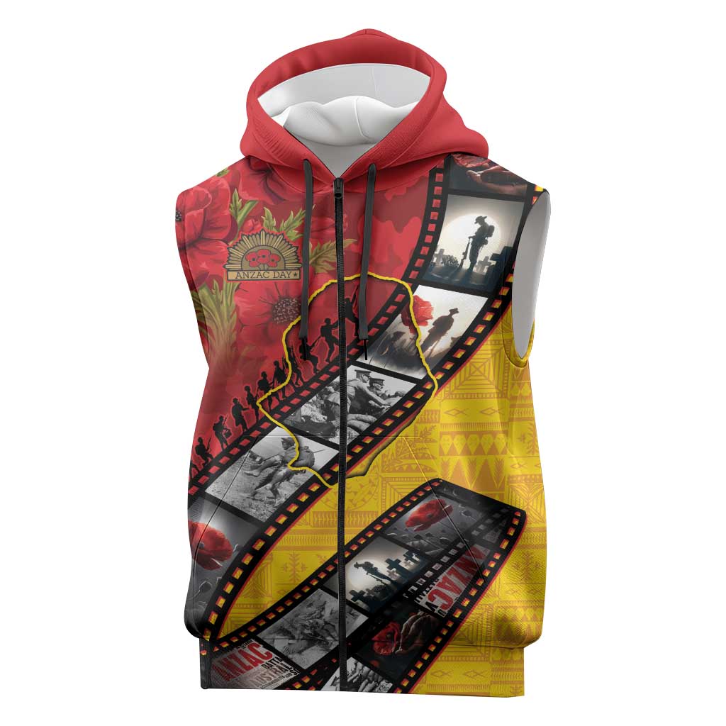 Personalised Niue ANZAC 1915-2026 Filmstrip Sleeveless Zip Hoodie Lest We Forget 25 April LT9 Gold - Polynesian Pride