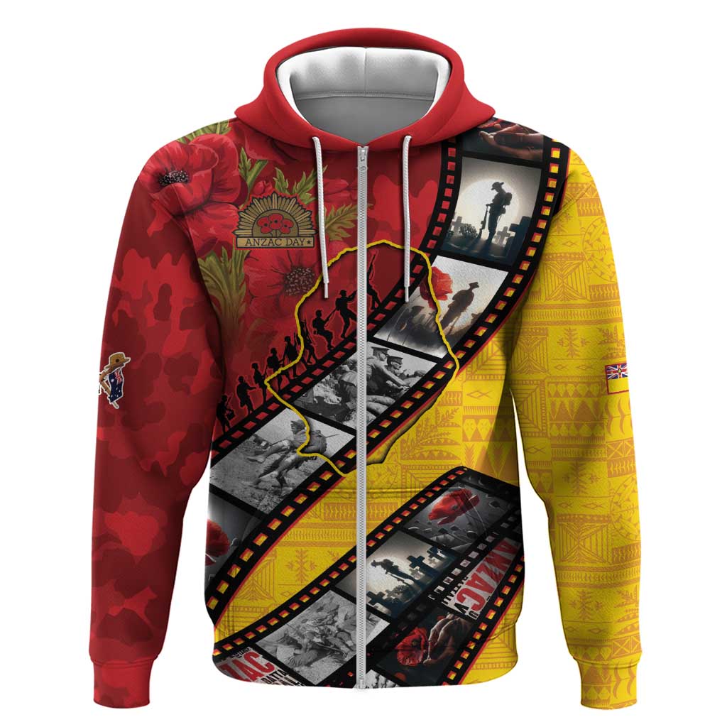 Personalised Niue ANZAC 1915-2026 Filmstrip Zip Hoodie Lest We Forget 25 April LT9 Zip Hoodie Gold - Polynesian Pride