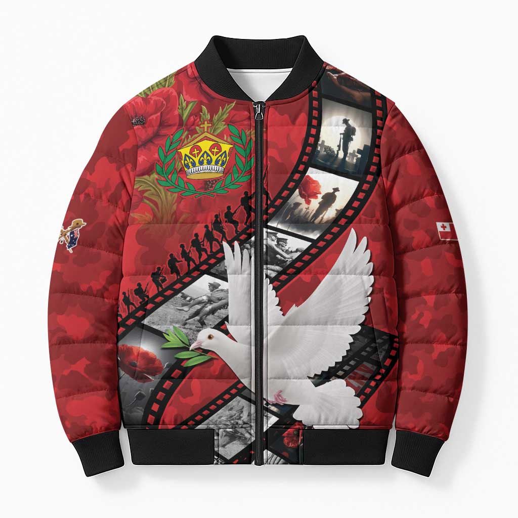 Personalised Tonga ANZAC 1915-2026 Filmstrip Bomber Puffer Jacket Lest We Forget 25 April LT9 Unisex Red - Polynesian Pride