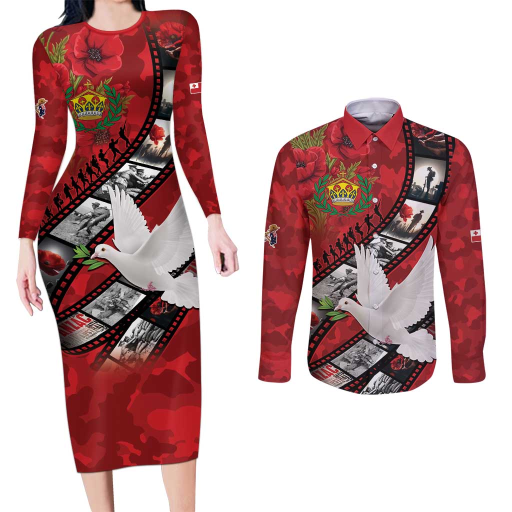 Personalised Tonga ANZAC 1915-2026 Filmstrip Couples Matching Long Sleeve Bodycon Dress and Long Sleeve Button Shirt Lest We Forget 25 April LT9 Red - Polynesian Pride