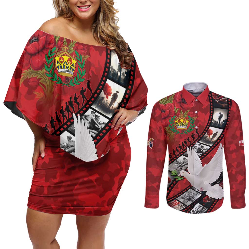 Personalised Tonga ANZAC 1915-2026 Filmstrip Couples Matching Off Shoulder Short Dress and Long Sleeve Button Shirt Lest We Forget 25 April LT9 Red - Polynesian Pride