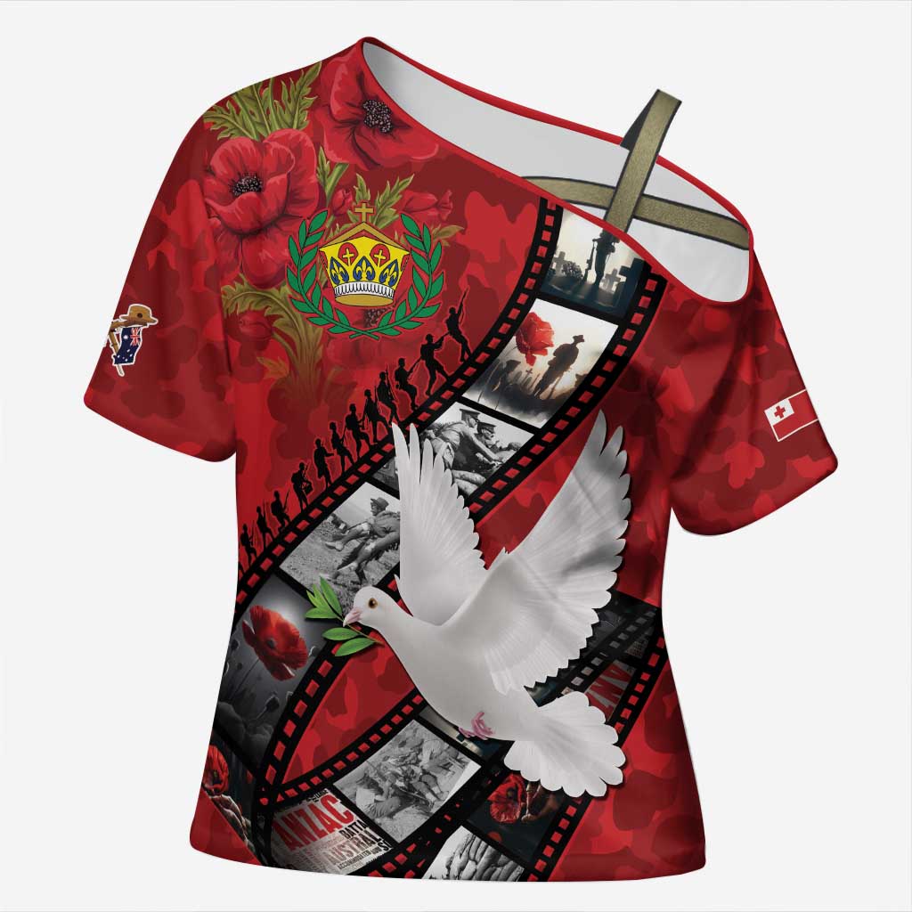 Personalised Tonga ANZAC 1915-2026 Filmstrip Cross Shoulder Shirt Lest We Forget 25 April LT9 Female Red - Polynesian Pride