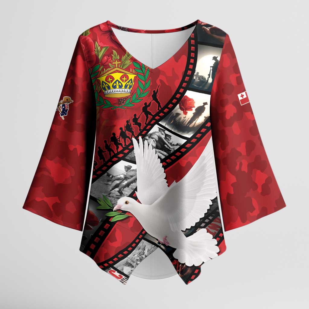 Personalised Tonga ANZAC 1915-2026 Filmstrip Kimono Sleeve Blouse Lest We Forget 25 April LT9 Female Red - Polynesian Pride