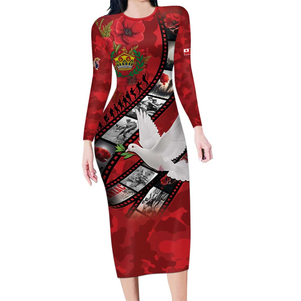 Personalised Tonga ANZAC 1915-2026 Filmstrip Long Sleeve Bodycon Dress Lest We Forget 25 April LT9 Long Dress Red - Polynesian Pride