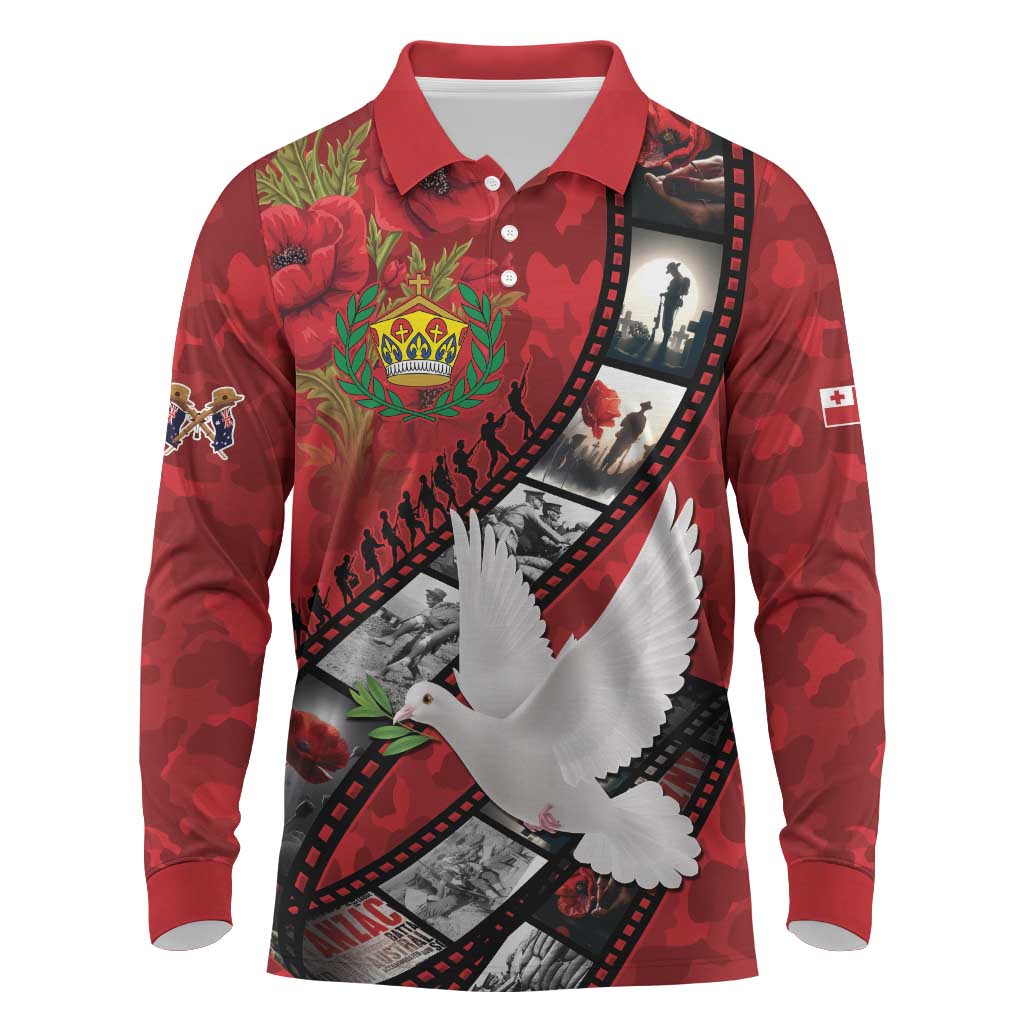 Personalised Tonga ANZAC 1915-2026 Filmstrip Long Sleeve Polo Shirt Lest We Forget 25 April LT9 Red - Polynesian Pride