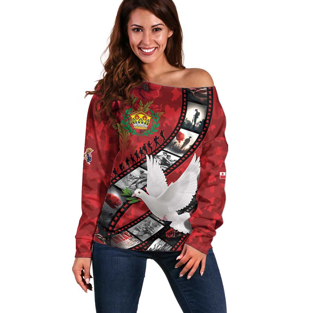 Personalised Tonga ANZAC 1915-2026 Filmstrip Off Shoulder Sweater Lest We Forget 25 April LT9 Women Red - Polynesian Pride