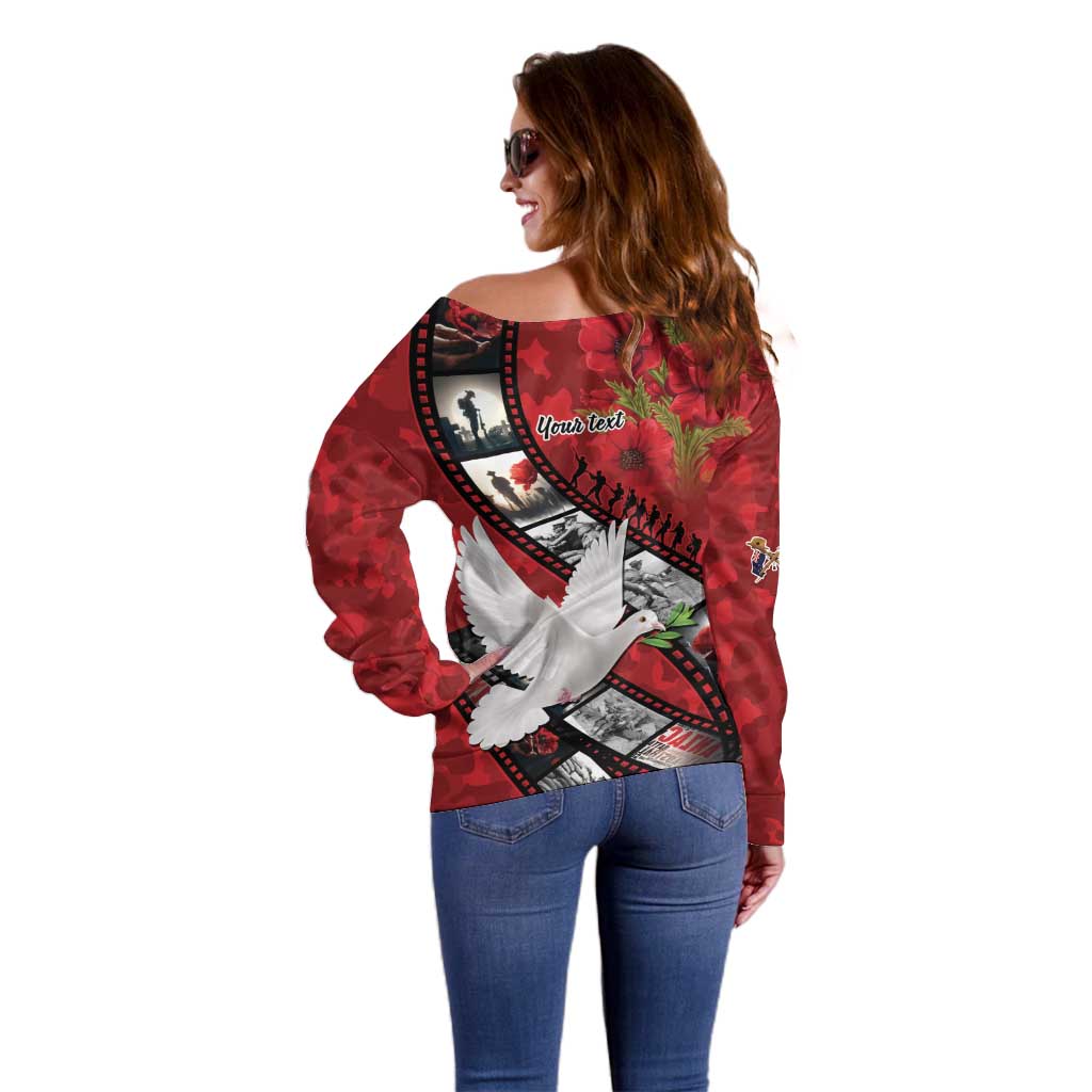 Personalised Tonga ANZAC 1915-2026 Filmstrip Off Shoulder Sweater Lest We Forget 25 April LT9 - Polynesian Pride