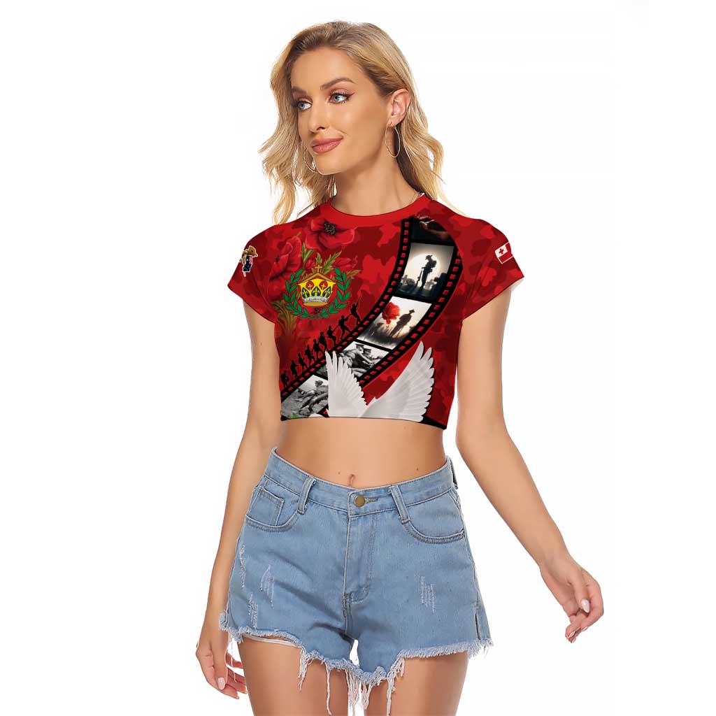 Personalised Tonga ANZAC 1915-2026 Filmstrip Raglan Cropped T Shirt Lest We Forget 25 April LT9 Female Red - Polynesian Pride