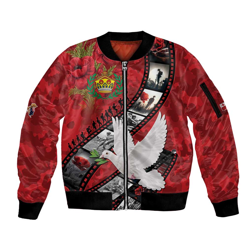 Personalised Tonga ANZAC 1915-2026 Filmstrip Sleeve Zip Bomber Jacket Lest We Forget 25 April LT9 Unisex Red - Polynesian Pride