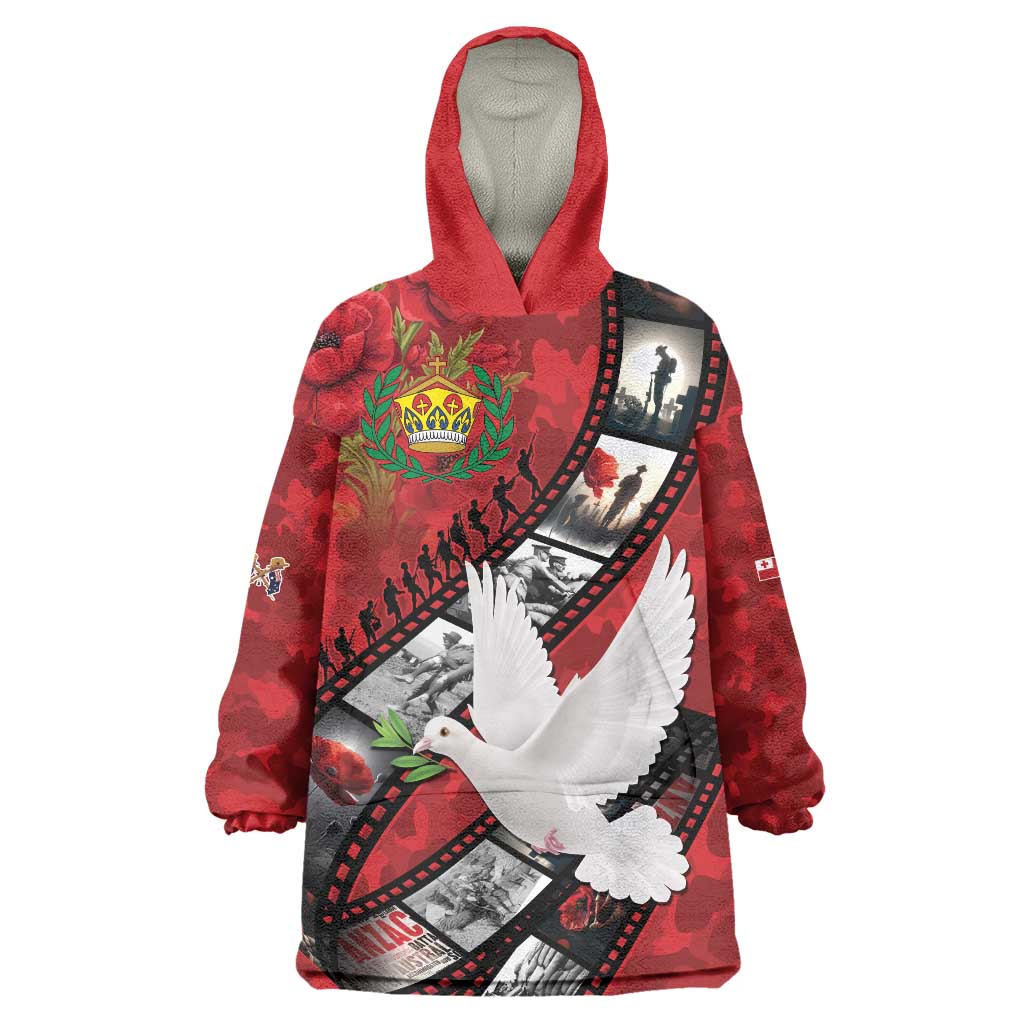 Personalised Tonga ANZAC 1915-2026 Filmstrip Wearable Blanket Hoodie Lest We Forget 25 April LT9 One Size Red - Polynesian Pride