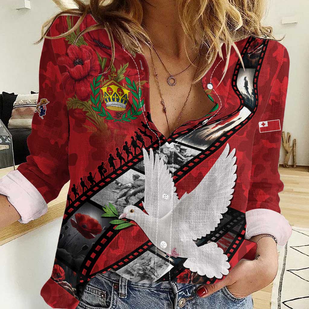 Personalised Tonga ANZAC 1915-2026 Filmstrip Women Casual Shirt Lest We Forget 25 April LT9 Female Red - Polynesian Pride