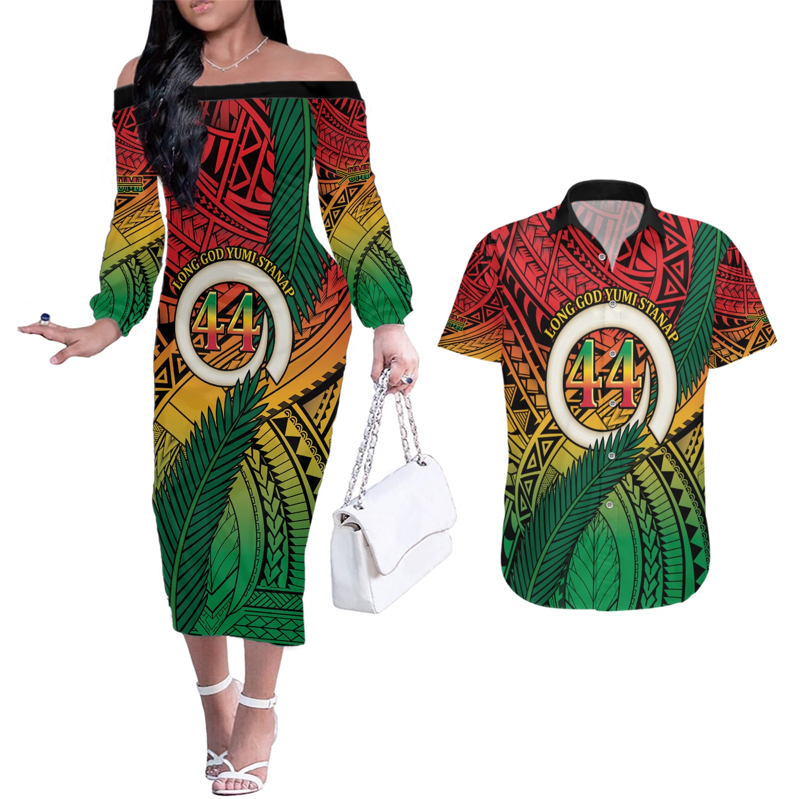 Personalised Vanuatu Yumi 44th Indipendens Dei Couples Matching Off The Shoulder Long Sleeve Dress and Hawaiian Shirt Vanuatuan Broad Tusk with Polynesian Tribal LT9 Reggae - Polynesian Pride