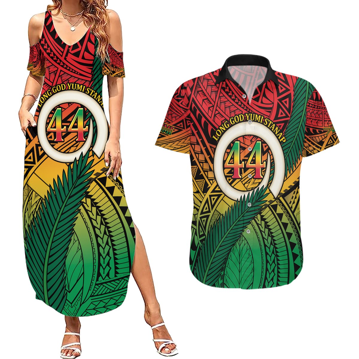 Personalised Vanuatu Yumi 44th Indipendens Dei Couples Matching Summer Maxi Dress and Hawaiian Shirt Vanuatuan Broad Tusk with Polynesian Tribal