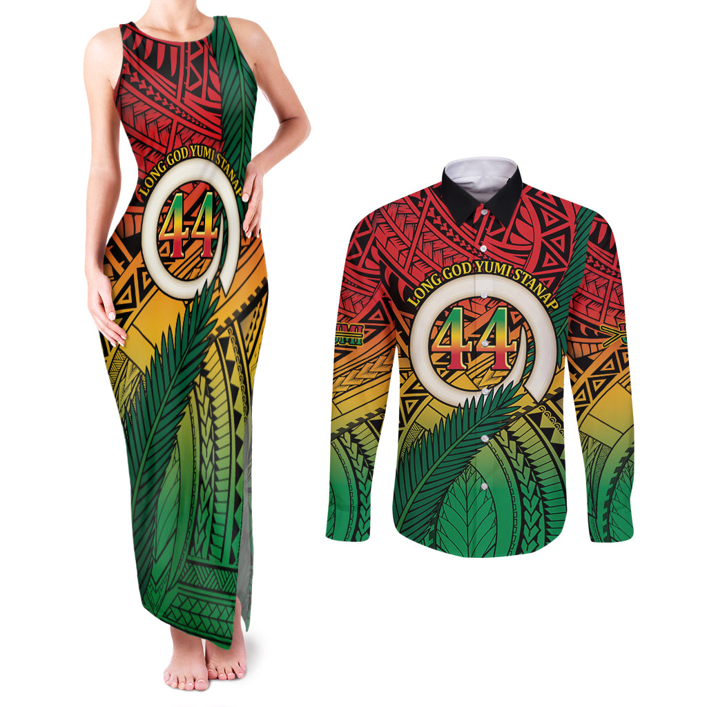Personalised Vanuatu Yumi 44th Indipendens Dei Couples Matching Tank Maxi Dress and Long Sleeve Button Shirt Vanuatuan Broad Tusk with Polynesian Tribal LT9 Reggae - Polynesian Pride