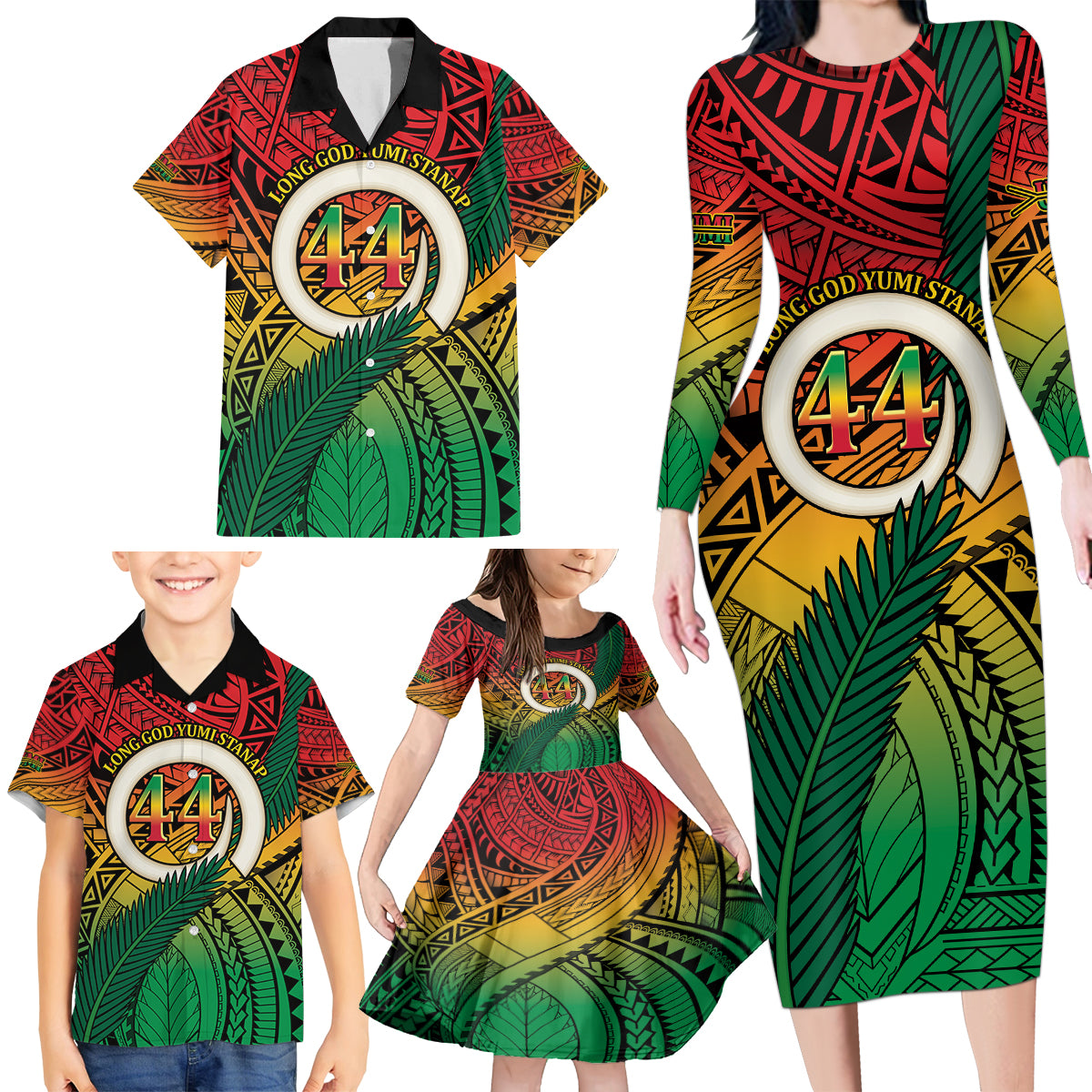 Personalised Vanuatu Yumi 44th Indipendens Dei Family Matching Long Sleeve Bodycon Dress and Hawaiian Shirt Vanuatuan Broad Tusk with Polynesian Tribal