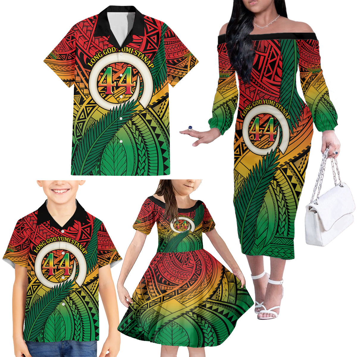 Personalised Vanuatu Yumi 44th Indipendens Dei Family Matching Off The Shoulder Long Sleeve Dress and Hawaiian Shirt Vanuatuan Broad Tusk with Polynesian Tribal