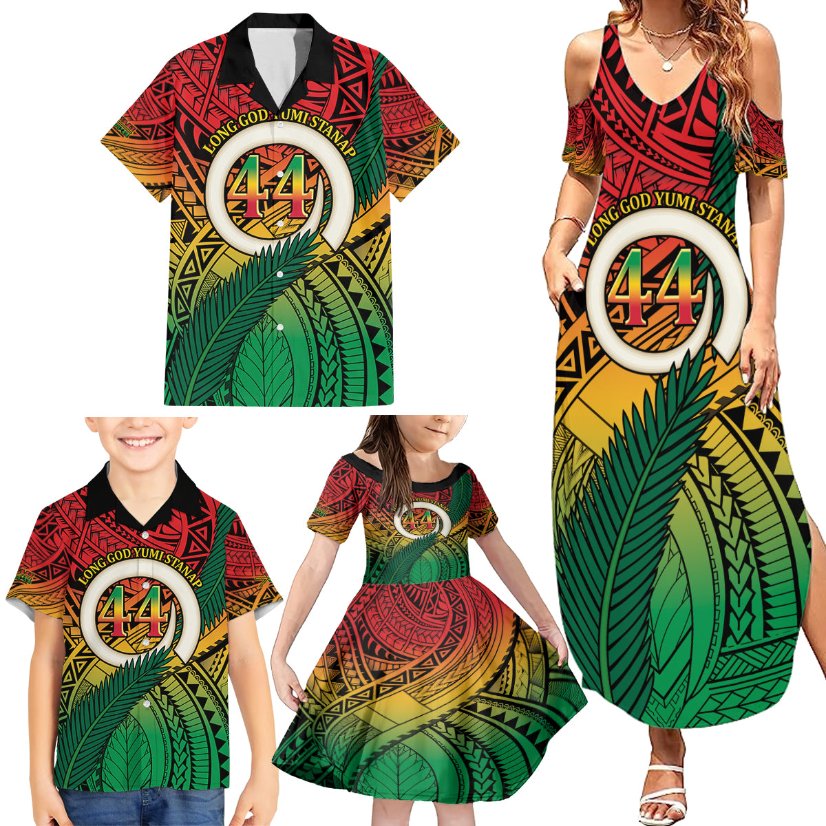 Personalised Vanuatu Yumi 44th Indipendens Dei Family Matching Summer Maxi Dress and Hawaiian Shirt Vanuatuan Broad Tusk with Polynesian Tribal