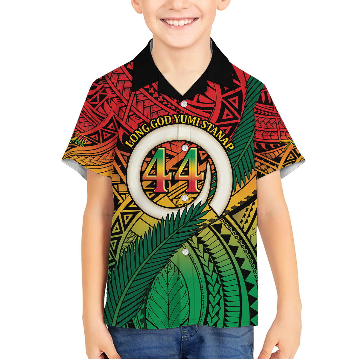 Personalised Vanuatu Yumi 44th Indipendens Dei Kid Hawaiian Shirt Vanuatuan Broad Tusk with Polynesian Tribal