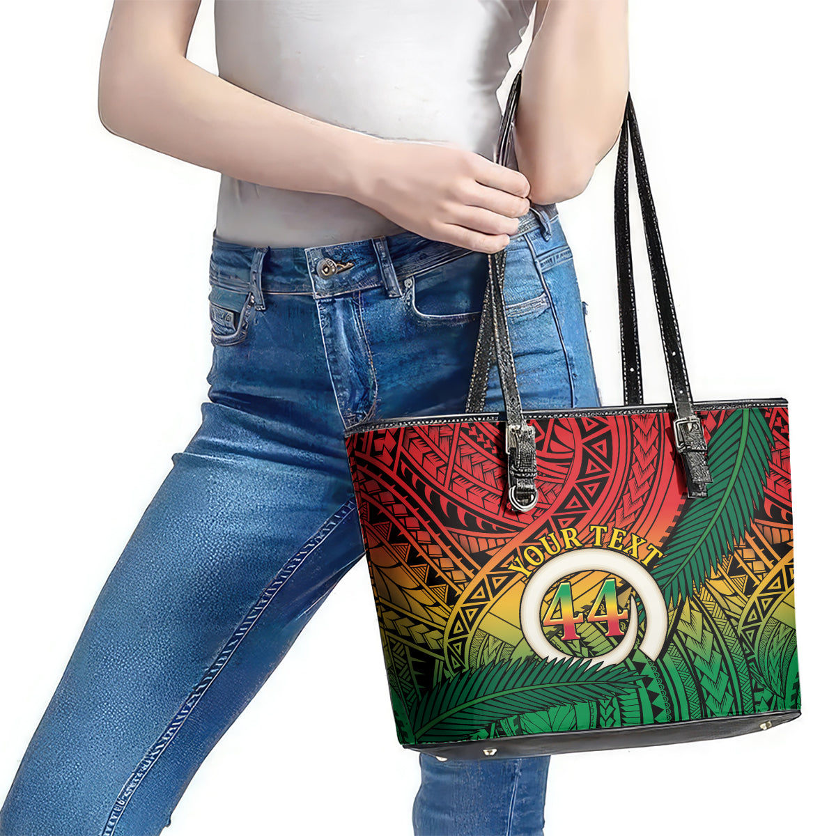 Personalised Vanuatu Yumi 44th Indipendens Dei Leather Tote Bag Vanuatuan Broad Tusk with Polynesian Tribal