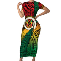 Personalised Vanuatu Yumi 44th Indipendens Dei Short Sleeve Bodycon Dress Vanuatuan Broad Tusk with Polynesian Tribal
