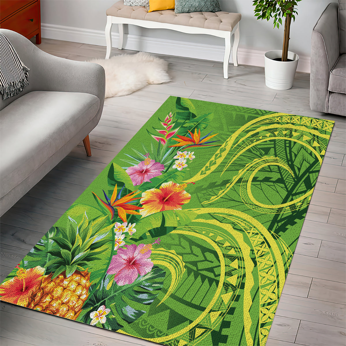 Polynesian Tribal Flower Tattoo Area Rug Special Lime Green Vibe