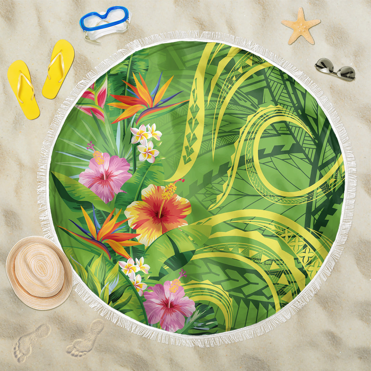 Polynesian Tribal Flower Tattoo Beach Blanket Special Lime Green Vibe LT9 One Size 150cm Lime Green - Polynesian Pride
