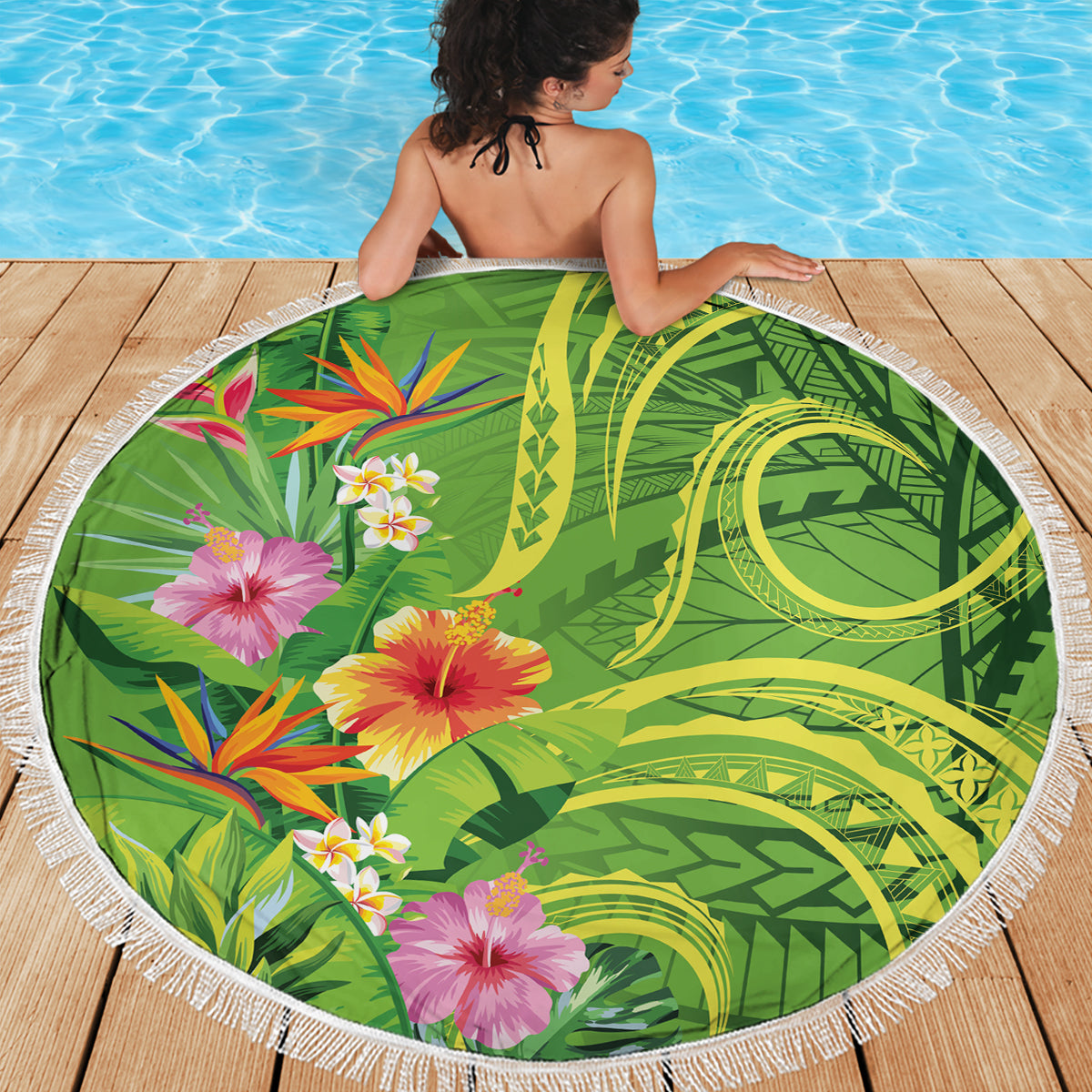 Polynesian Tribal Flower Tattoo Beach Blanket Special Lime Green Vibe LT9 - Polynesian Pride