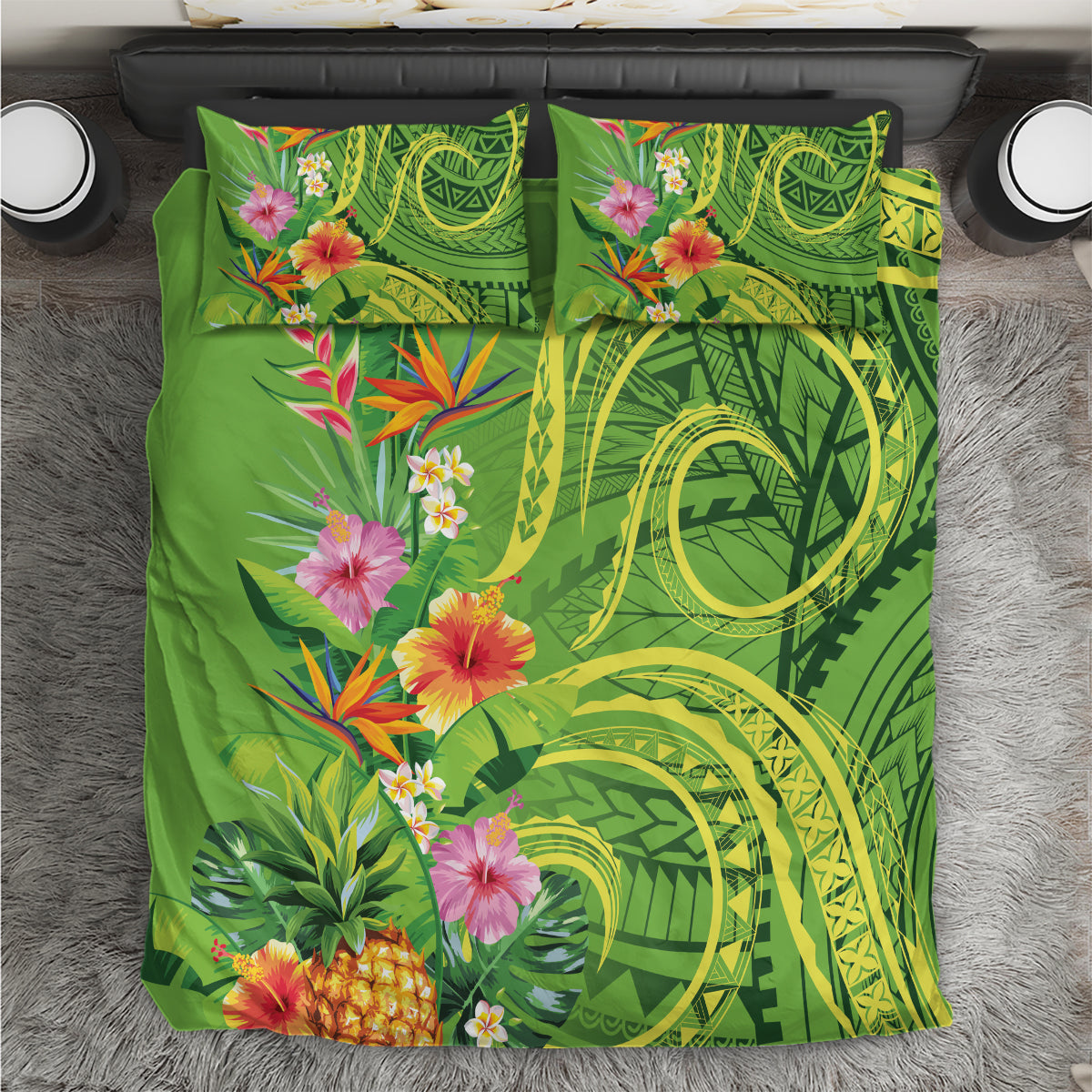 Polynesian Tribal Flower Tattoo Bedding Set Special Lime Green Vibe LT9 Lime Green - Polynesian Pride