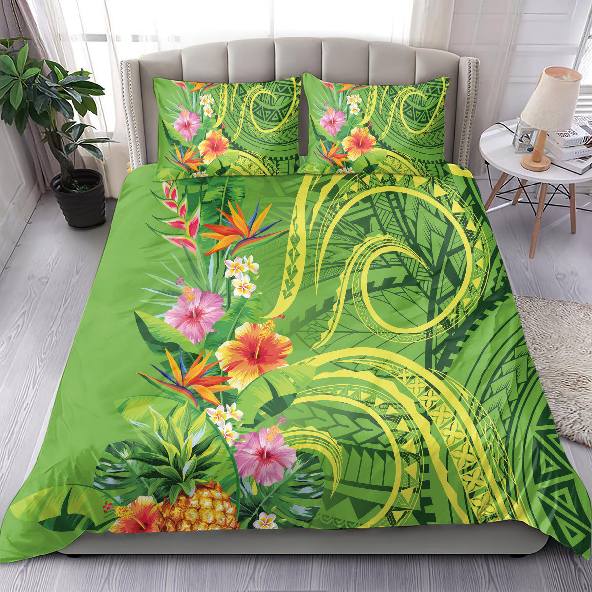 Polynesian Tribal Flower Tattoo Bedding Set Special Lime Green Vibe LT9 - Polynesian Pride