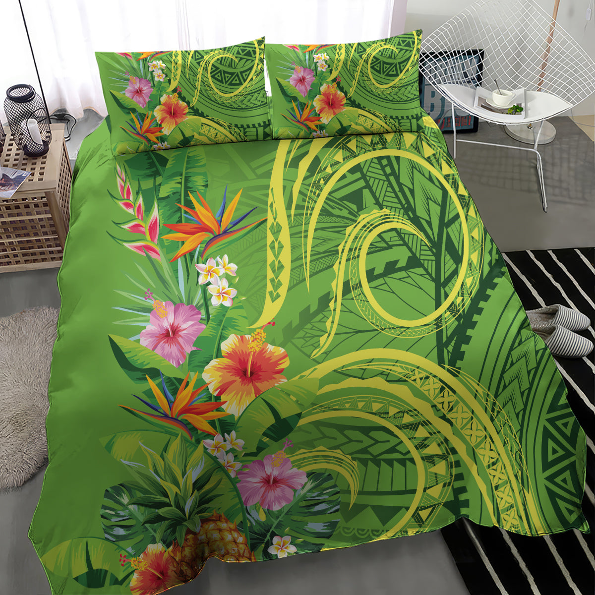 Polynesian Tribal Flower Tattoo Bedding Set Special Lime Green Vibe LT9 - Polynesian Pride