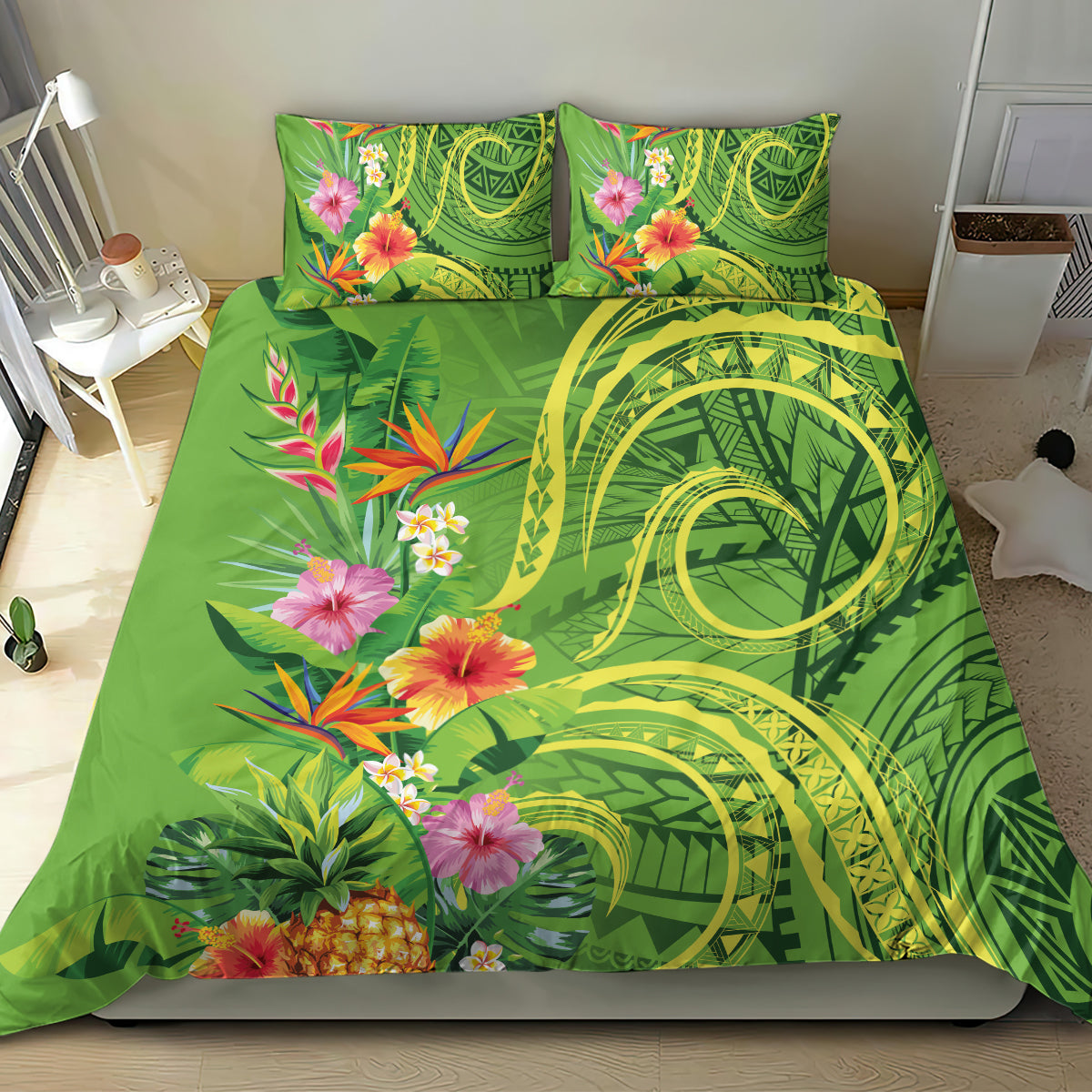 Polynesian Tribal Flower Tattoo Bedding Set Special Lime Green Vibe LT9 - Polynesian Pride