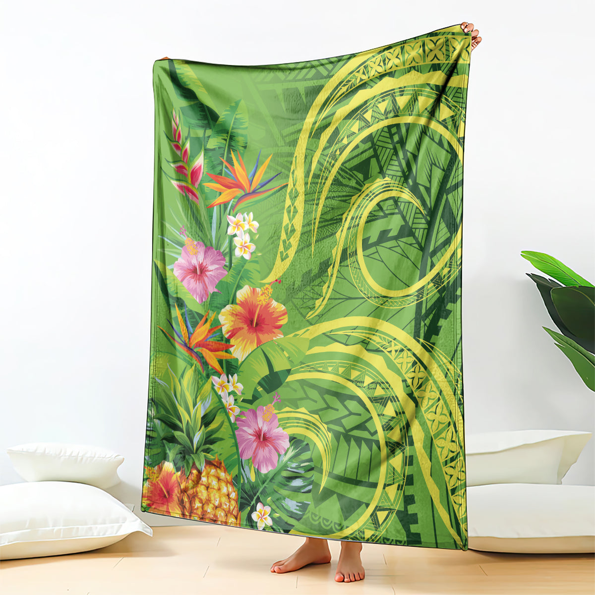 Polynesian Tribal Flower Tattoo Blanket Special Lime Green Vibe LT9 - Polynesian Pride