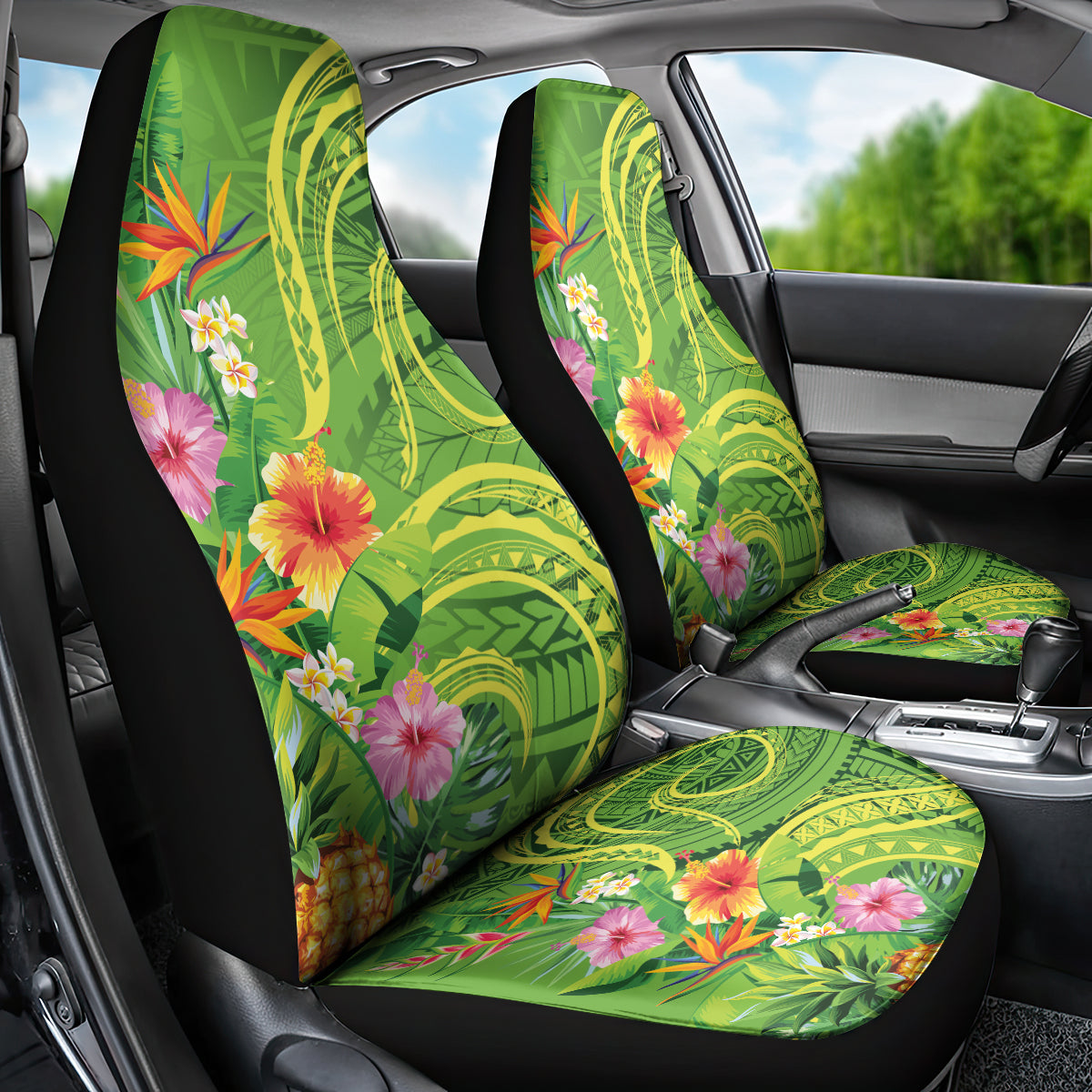 Polynesian Tribal Flower Tattoo Car Seat Cover Special Lime Green Vibe