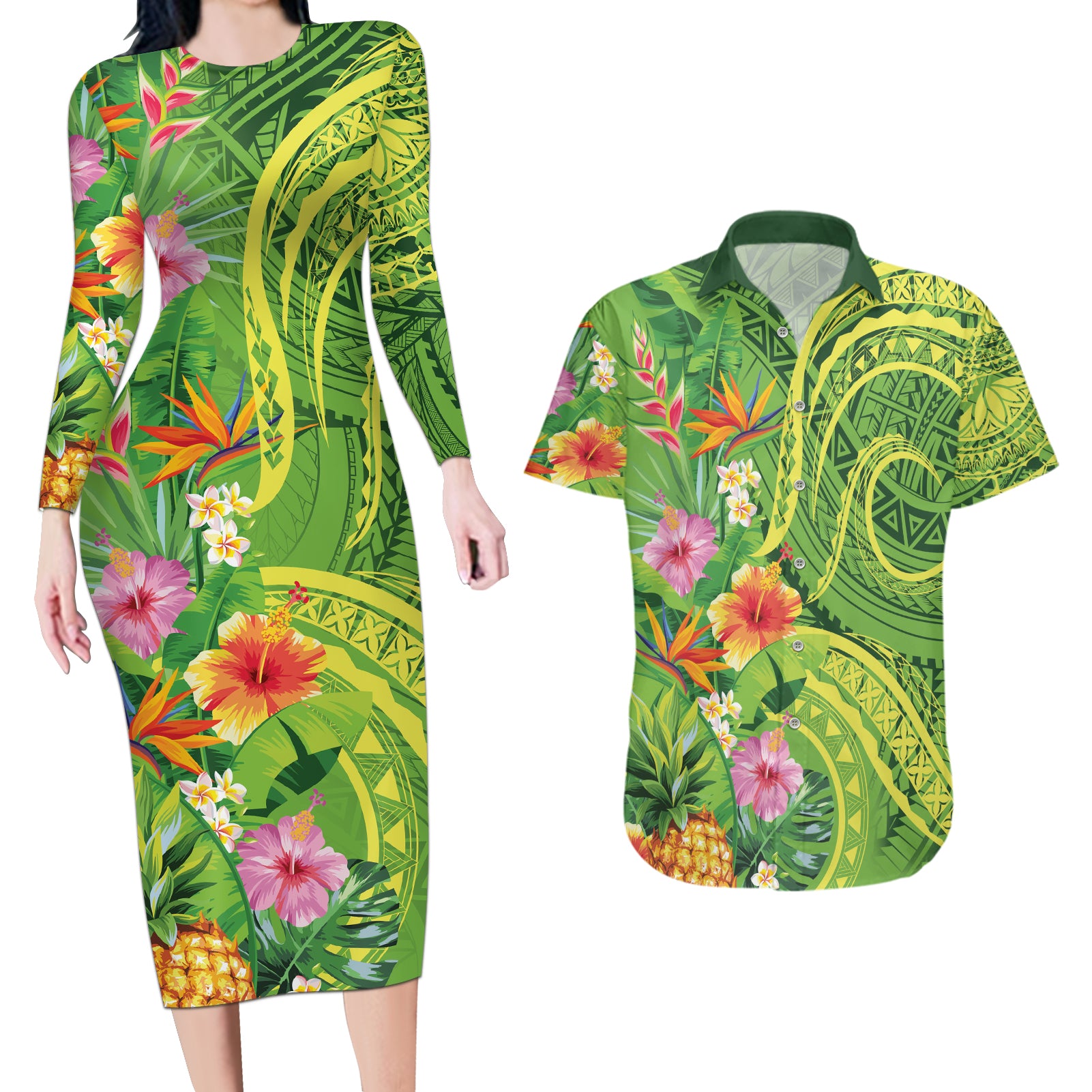 Polynesian Tribal Flower Tattoo Couples Matching Long Sleeve Bodycon Dress and Hawaiian Shirt Special Lime Green Vibe