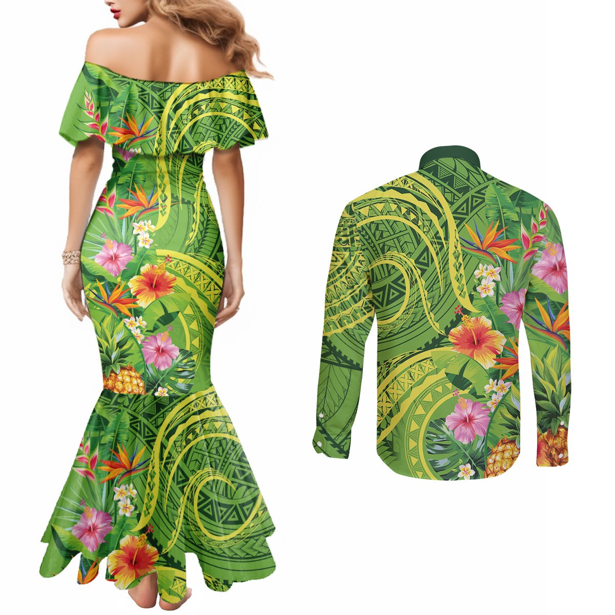 Polynesian Tribal Flower Tattoo Couples Matching Mermaid Dress and Long Sleeve Button Shirt Special Lime Green Vibe