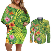 Polynesian Tribal Flower Tattoo Couples Matching Off Shoulder Short Dress and Long Sleeve Button Shirt Special Lime Green Vibe