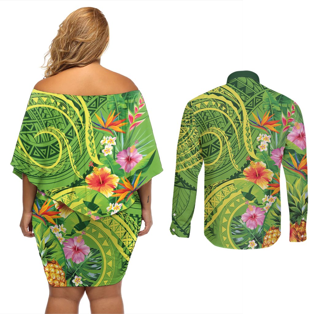 Polynesian Tribal Flower Tattoo Couples Matching Off Shoulder Short Dress and Long Sleeve Button Shirt Special Lime Green Vibe