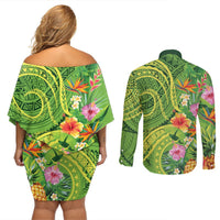 Polynesian Tribal Flower Tattoo Couples Matching Off Shoulder Short Dress and Long Sleeve Button Shirt Special Lime Green Vibe