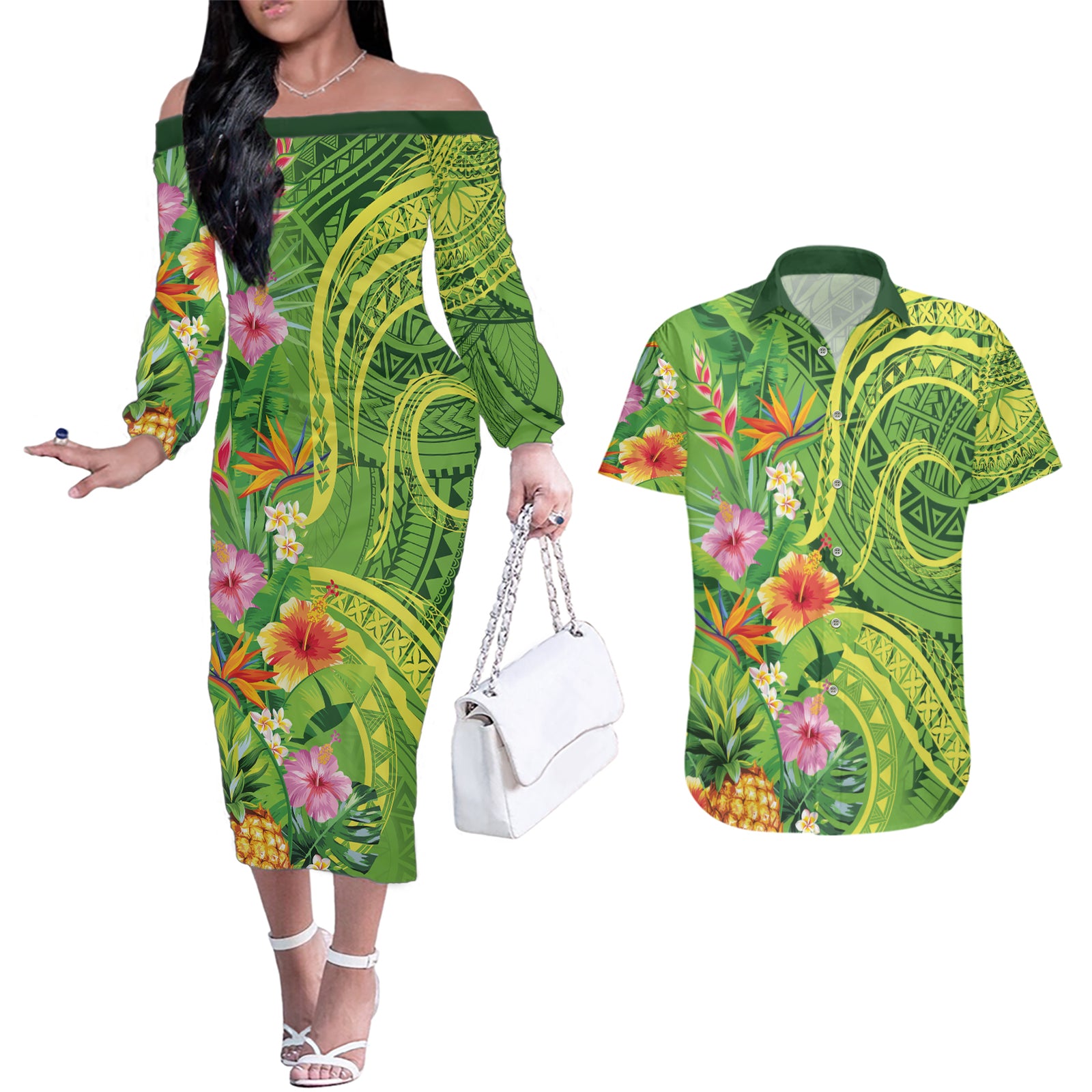 Polynesian Tribal Flower Tattoo Couples Matching Off The Shoulder Long Sleeve Dress and Hawaiian Shirt Special Lime Green Vibe LT9 Lime Green - Polynesian Pride