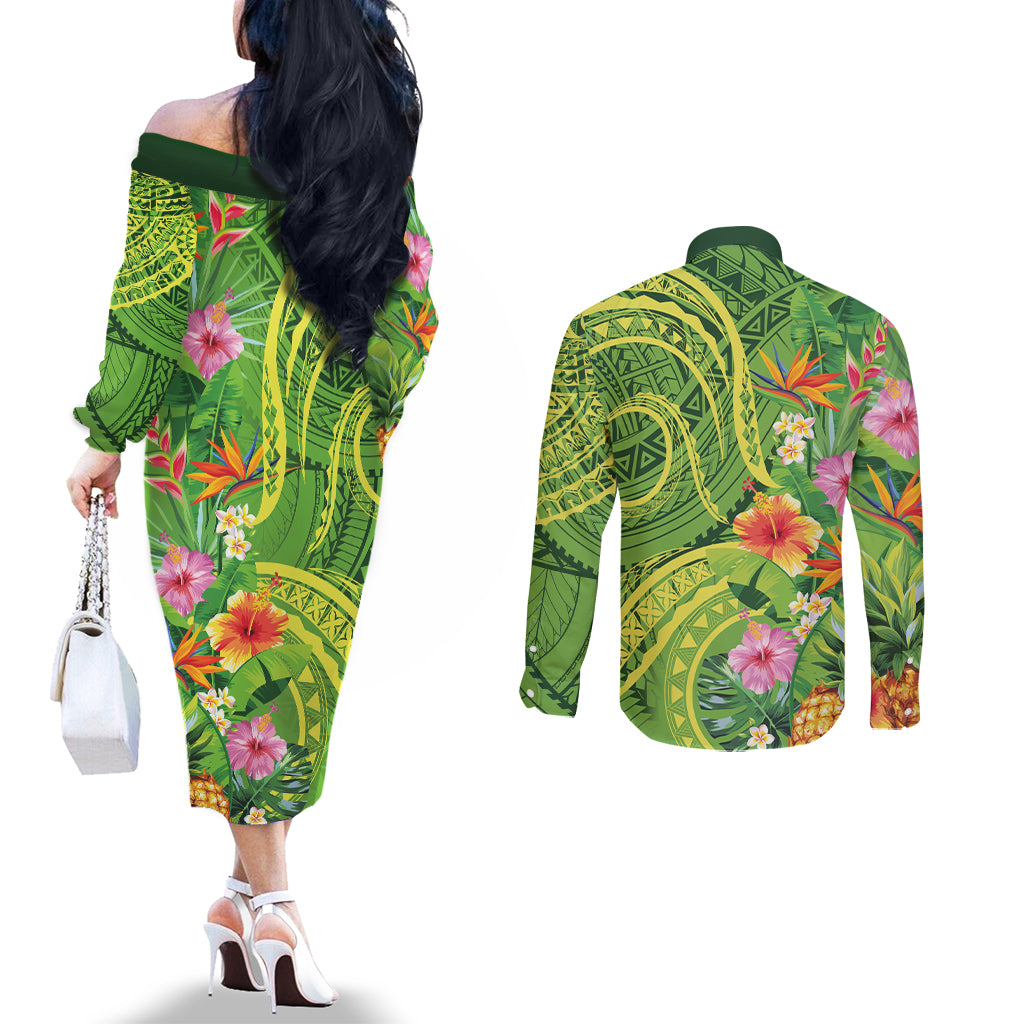 Polynesian Tribal Flower Tattoo Couples Matching Off The Shoulder Long Sleeve Dress and Long Sleeve Button Shirt Special Lime Green Vibe